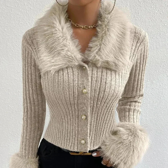 Apricot Elegant Women's Fuzzy Collar Ribbed Knit Cardigan - Picture 5 of 8